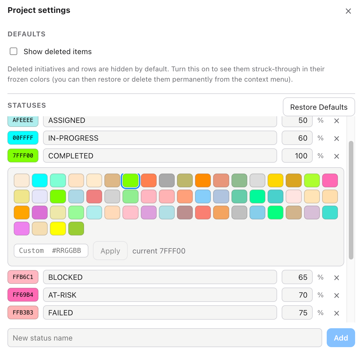 Customizing colors in settings